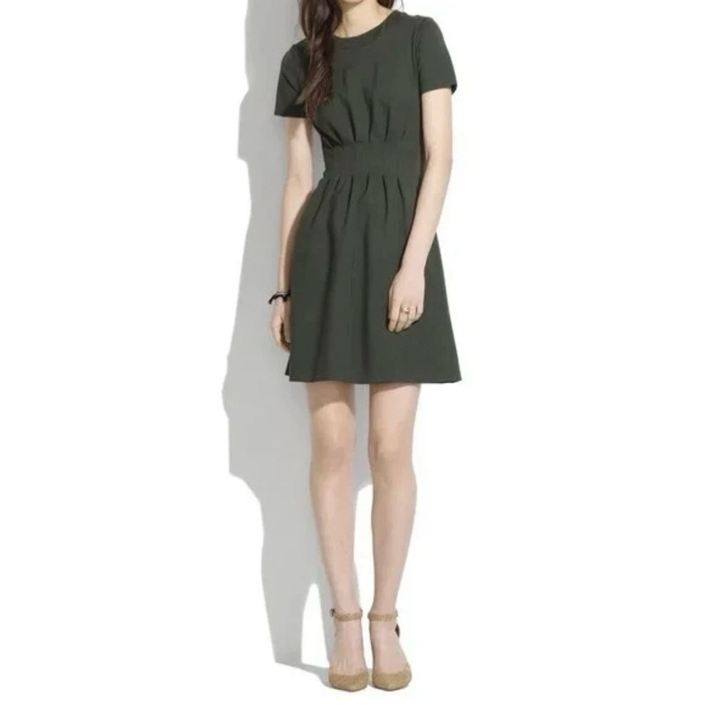 Madewell Parkline Green Pleated Dress Fitted Short Sleeve Knee Length Zip